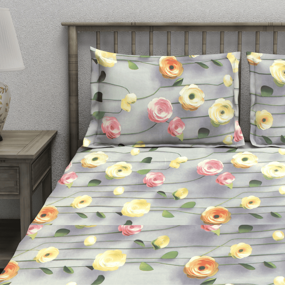 Floral 7D Digital Printed Fitted Bedsheet with Pillow Covers - Grey
