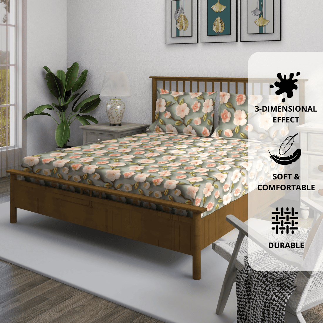 Floral 7D Digital Printed Fitted Bedsheet with Pillow Covers - Multicolor
