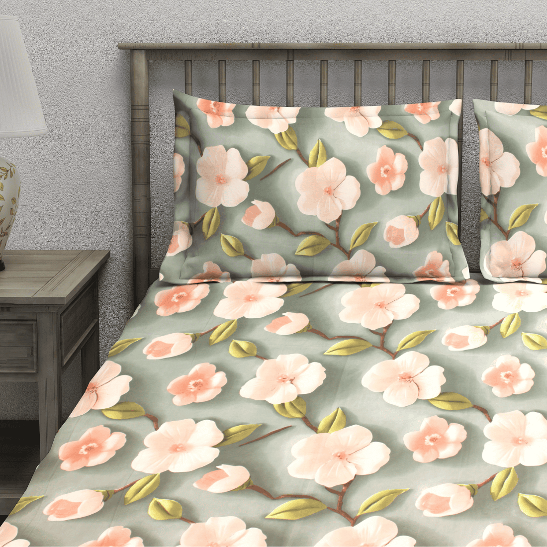 Close Up View Floral 7D Digital Printed Fitted Bedsheet with Pillow Covers - Multicolor