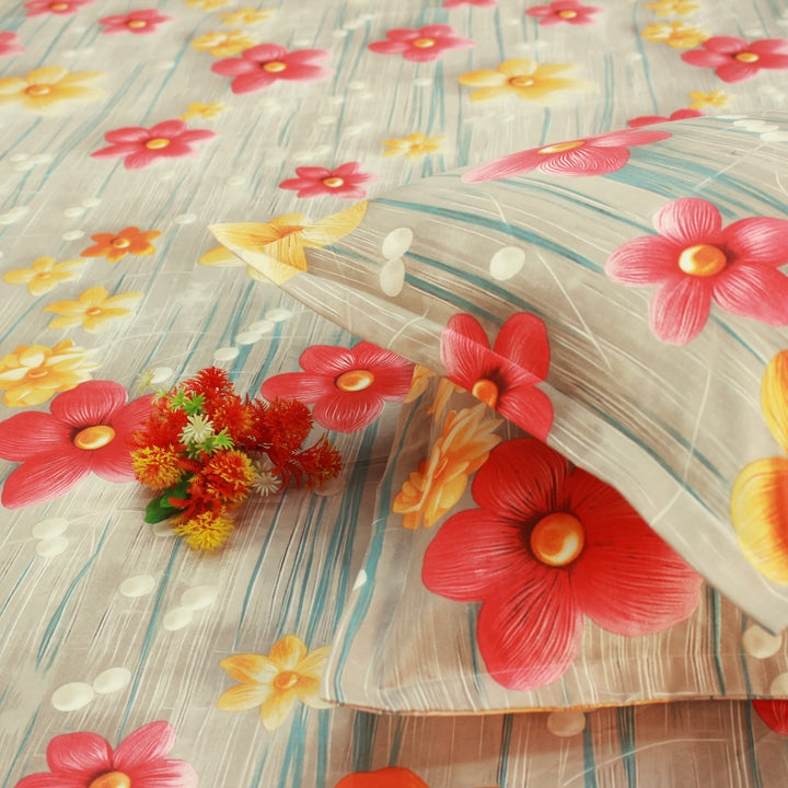 Floral 7D Digital Printed Fitted Bedsheet with Pillow Covers - Multicolor