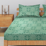 Printed Cotton Flare 144 TC Bedsheet with Pillow Covers - Green
