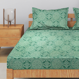 Printed Cotton Flare 144 TC Bedsheet with Pillow Covers - Green