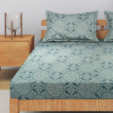 Printed Cotton Flare 144 TC Bedsheet with Pillow Covers - Blue
