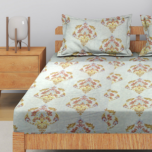 Printed Cotton Flare 144 TC Bedsheet with Pillow Covers - Blue