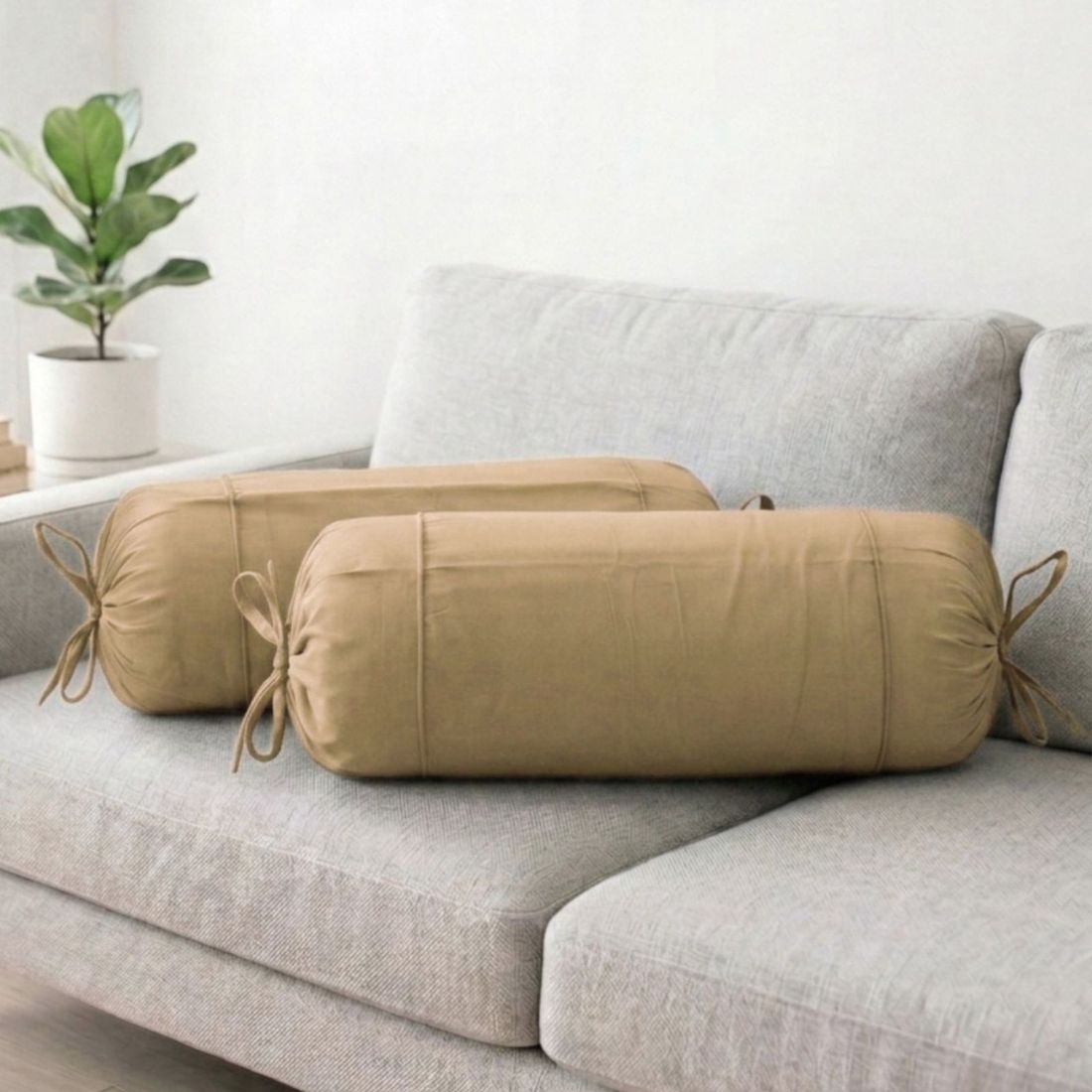 Plain Cotton 2 Pcs Bolster Cover Set - Camel Brown