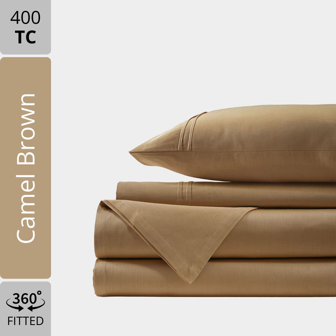 Plain Cotton Satin 400 TC Fitted Bedsheet with Pillow Covers - Camel Brown