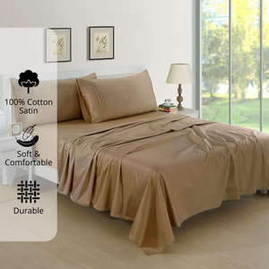 Plain Cotton Satin 400 TC Fitted Bedsheet with Pillow Covers - Camel Brown