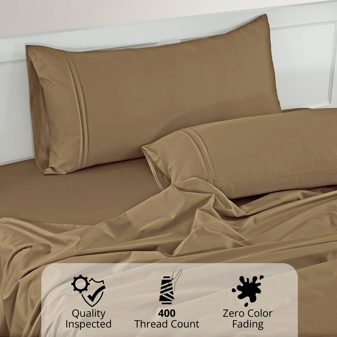 Plain Cotton Satin 400 TC Fitted Bedsheet with Pillow Covers - Camel Brown