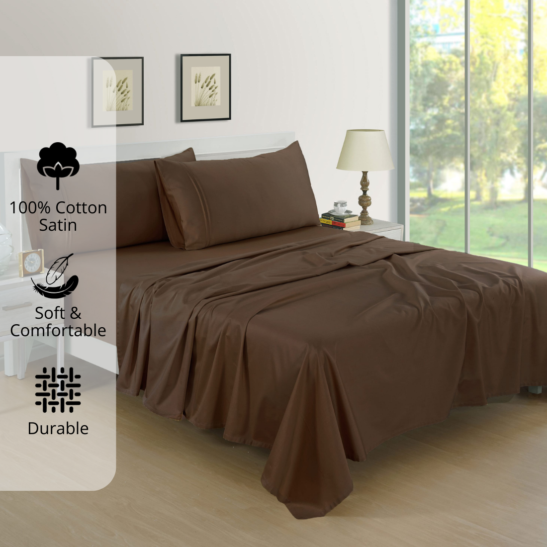 Plain Cotton Satin 400 TC Bedsheet with Pillow Covers - Coffee Brown