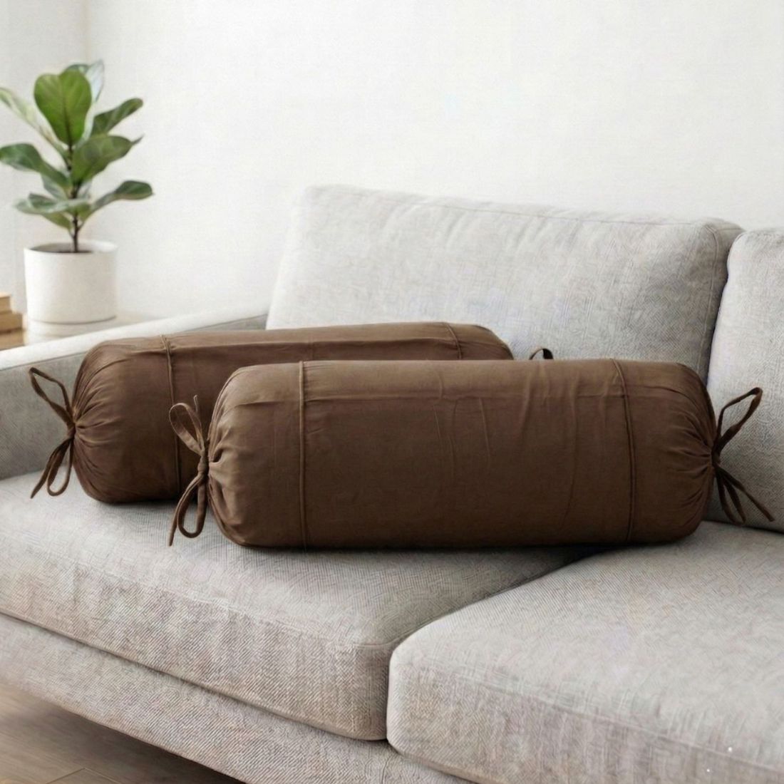 Plain Cotton 2 Pcs Bolster Cover Set - Coffee Brown