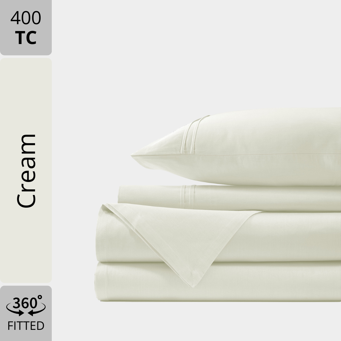 Plain Cotton Satin 400 TC Fitted Bedsheet with Pillow Covers - Cream