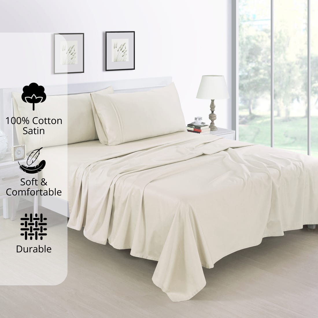 Plain Cotton Satin 400 TC Fitted Bedsheet with Pillow Covers - Cream
