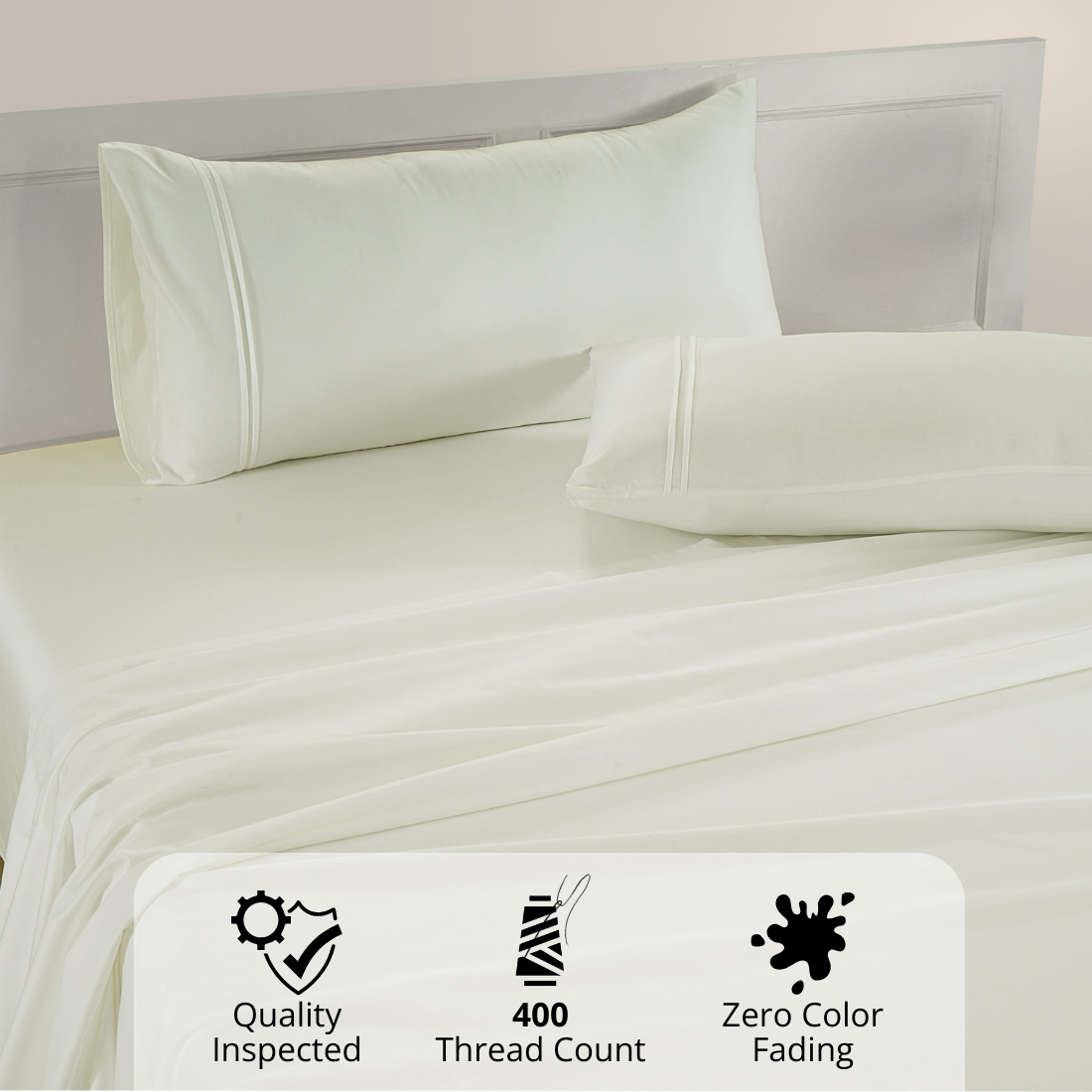 Plain Cotton Satin 400 TC Fitted Bedsheet with Pillow Covers - Cream
