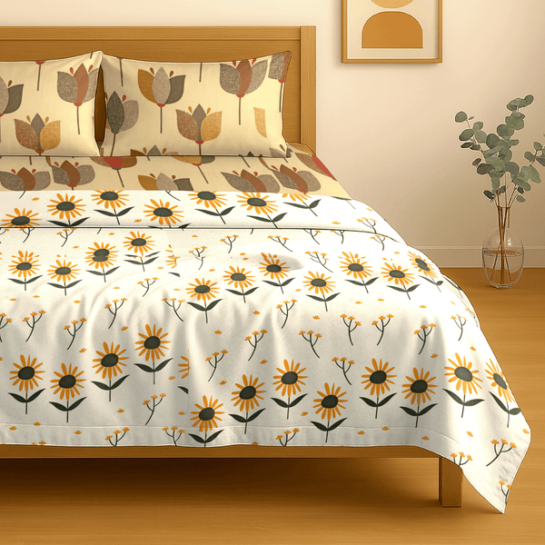 Festive Double Bed Dohar & Bedsheet Combo Set - Sunflower Motif Yellow