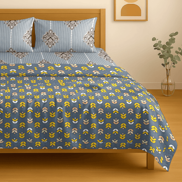 Festive Double Bed Dohar & Bedsheet Combo Set - Geometric Petals Blue