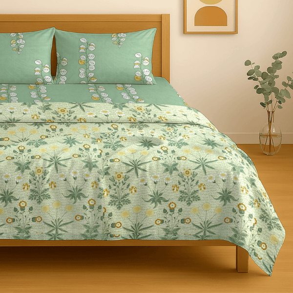 Festive Double Bed Dohar & Bedsheet Combo Set - Vintage Floral Green