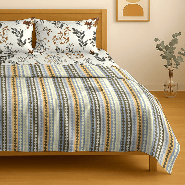 Festive Double Bed Dohar & Bedsheet Combo Set - Wavy Stripe Brown