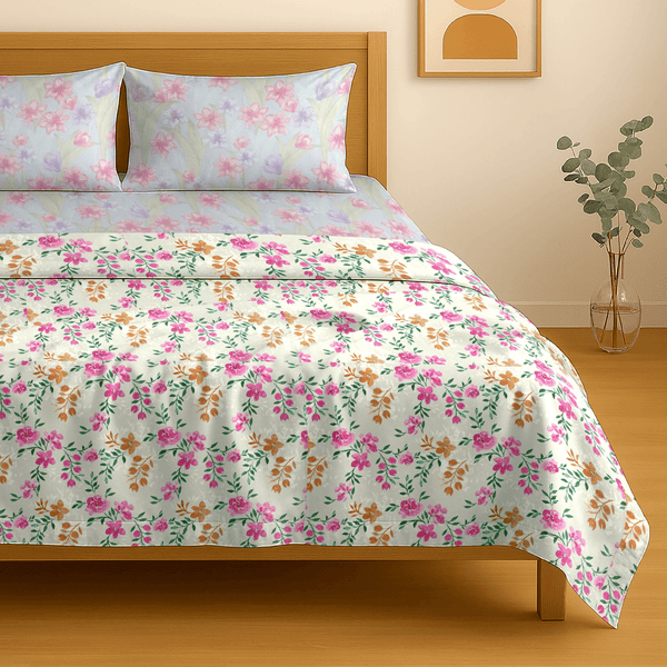 Festive Double Bed Dohar & Bedsheet Combo Set - Floral Vine Magenta