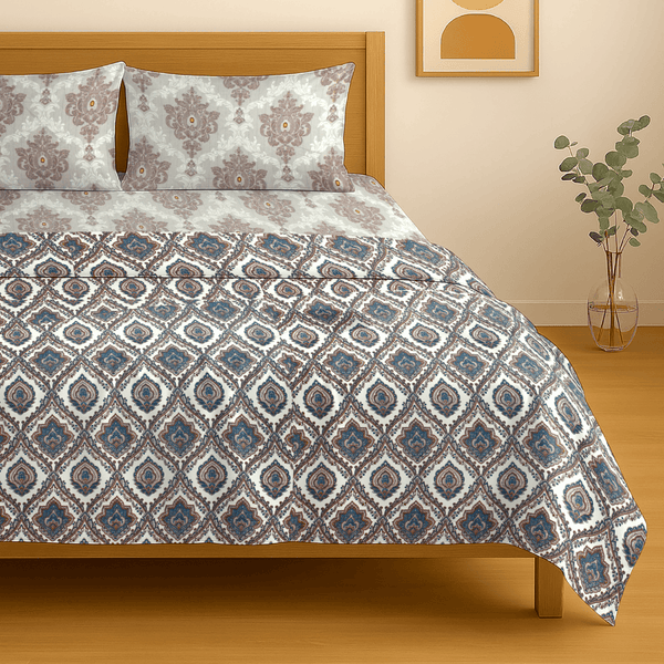 Festive Double Bed Dohar & Bedsheet Combo Set - Paisley Motif Brown