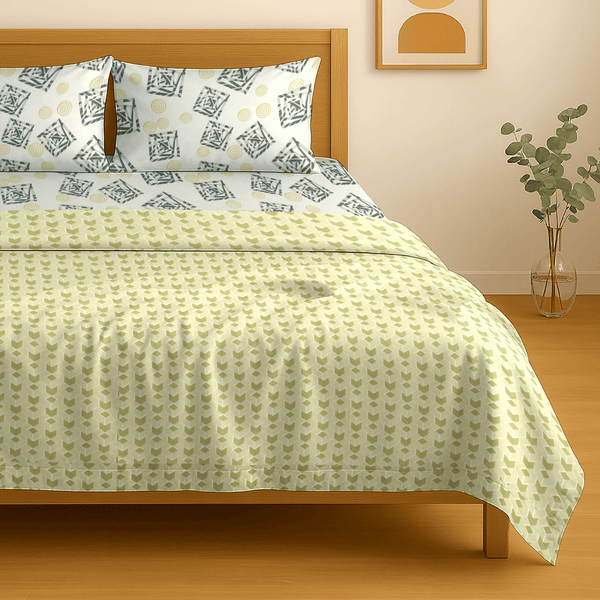 Festive Double Bed Dohar & Bedsheet Combo Set - Geometric Cube Yellow