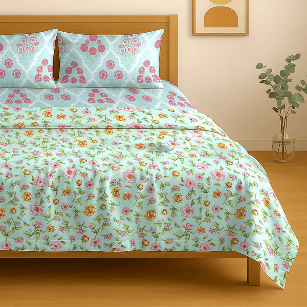 Festive Double Bed Dohar & Bedsheet Combo Set - Rose Floral Aqua