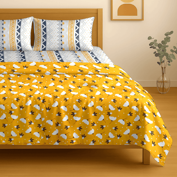Festive Double Bed Dohar & Bedsheet Combo Set - Botanical Motif Yellow
