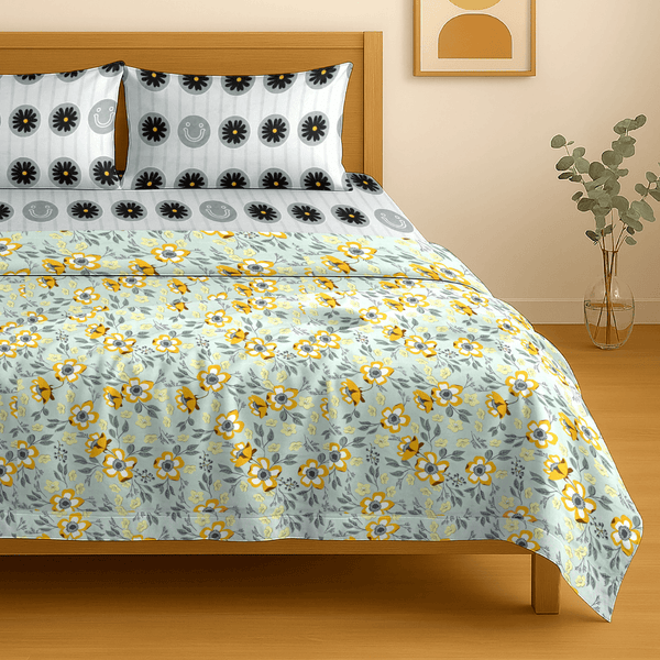 Festive Double Bed Dohar & Bedsheet Combo Set - Floral Botanical Grey