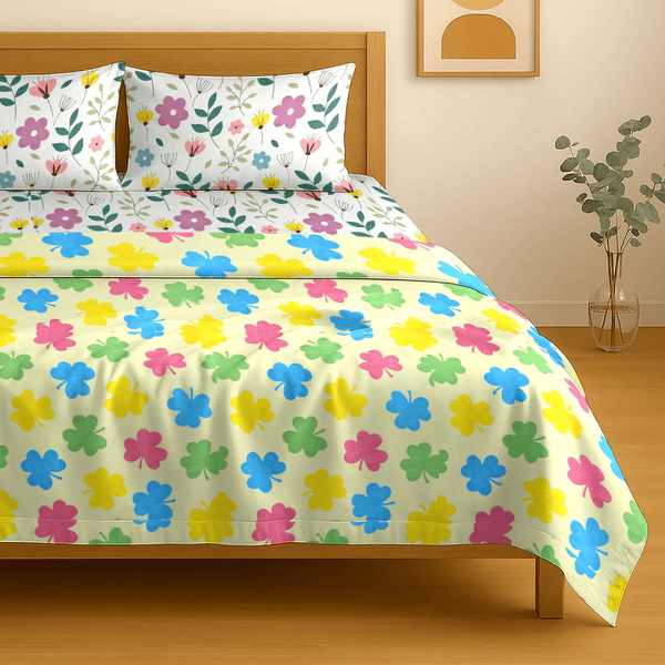 Festive Double Bed Dohar & Bedsheet Combo Set - Rainbow Clovers Multicolor