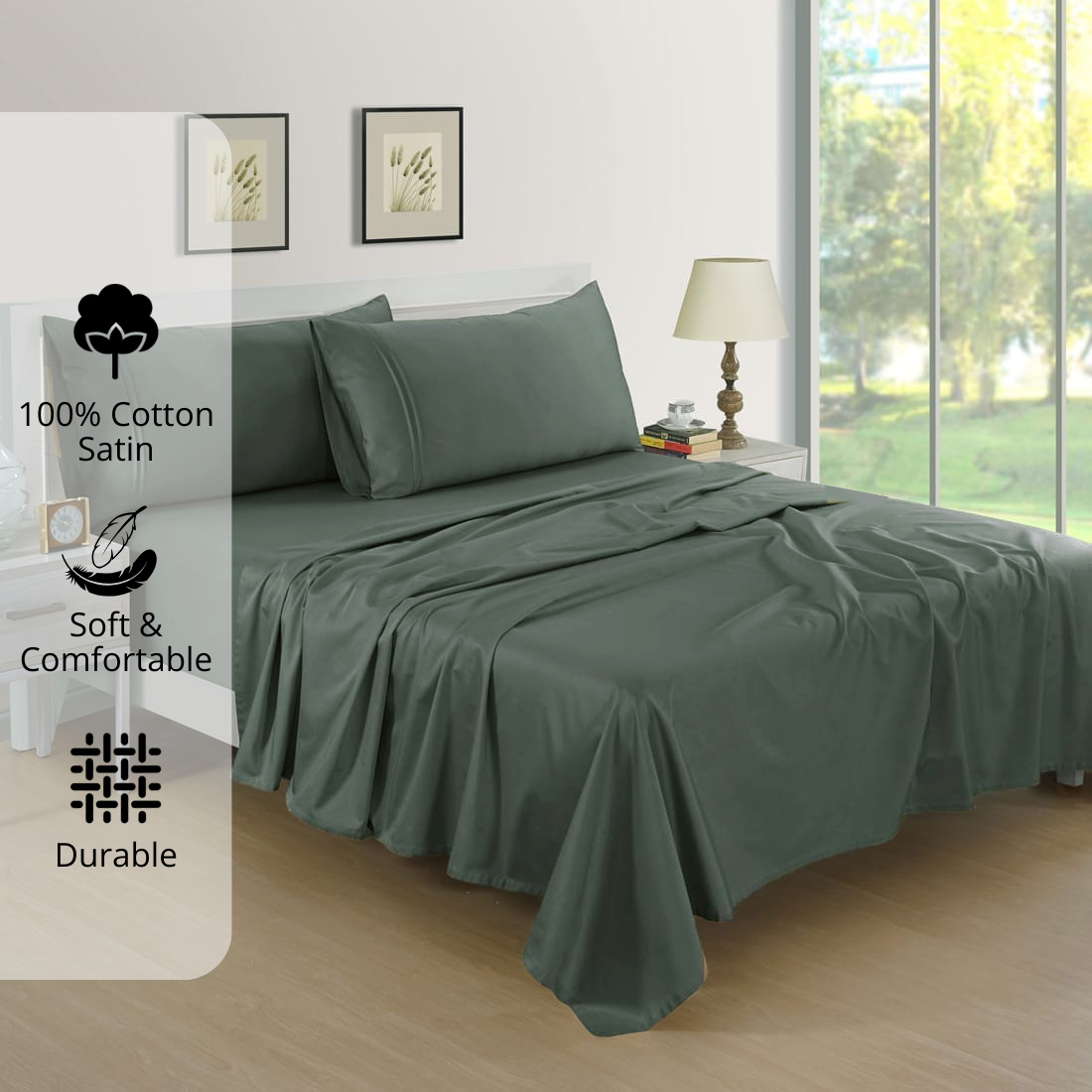 Plain Cotton Satin 400 TC Bedsheet with Pillow Covers - Dark Grey