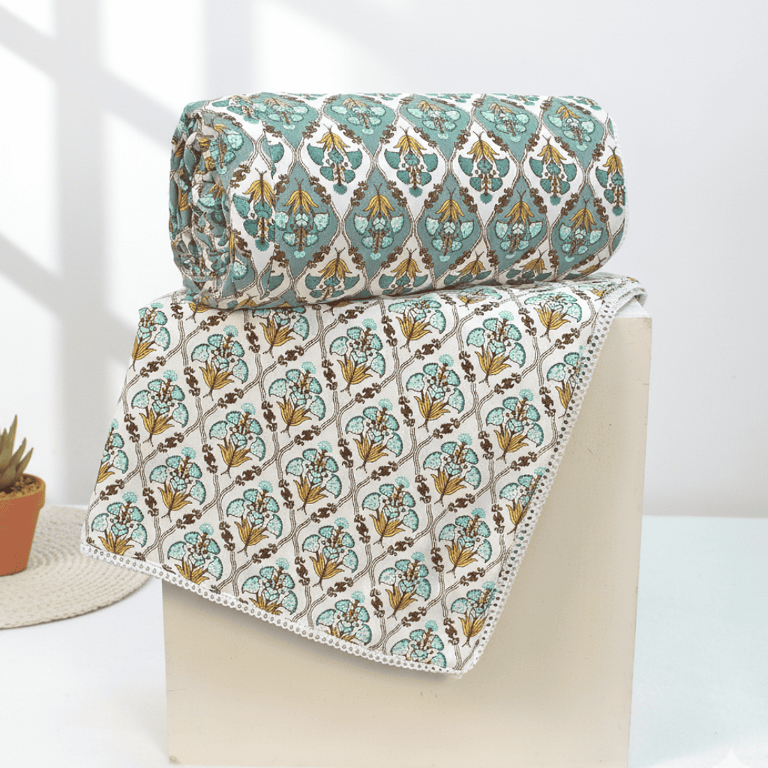 IRIS Designer Border Cotton Reversible Dohar, Aqua
