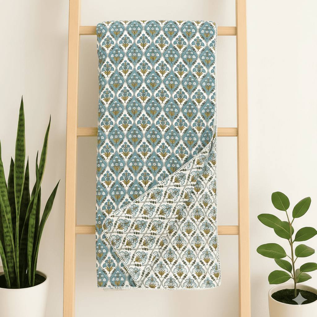 IRIS Designer Border Cotton Reversible Dohar, Aqua