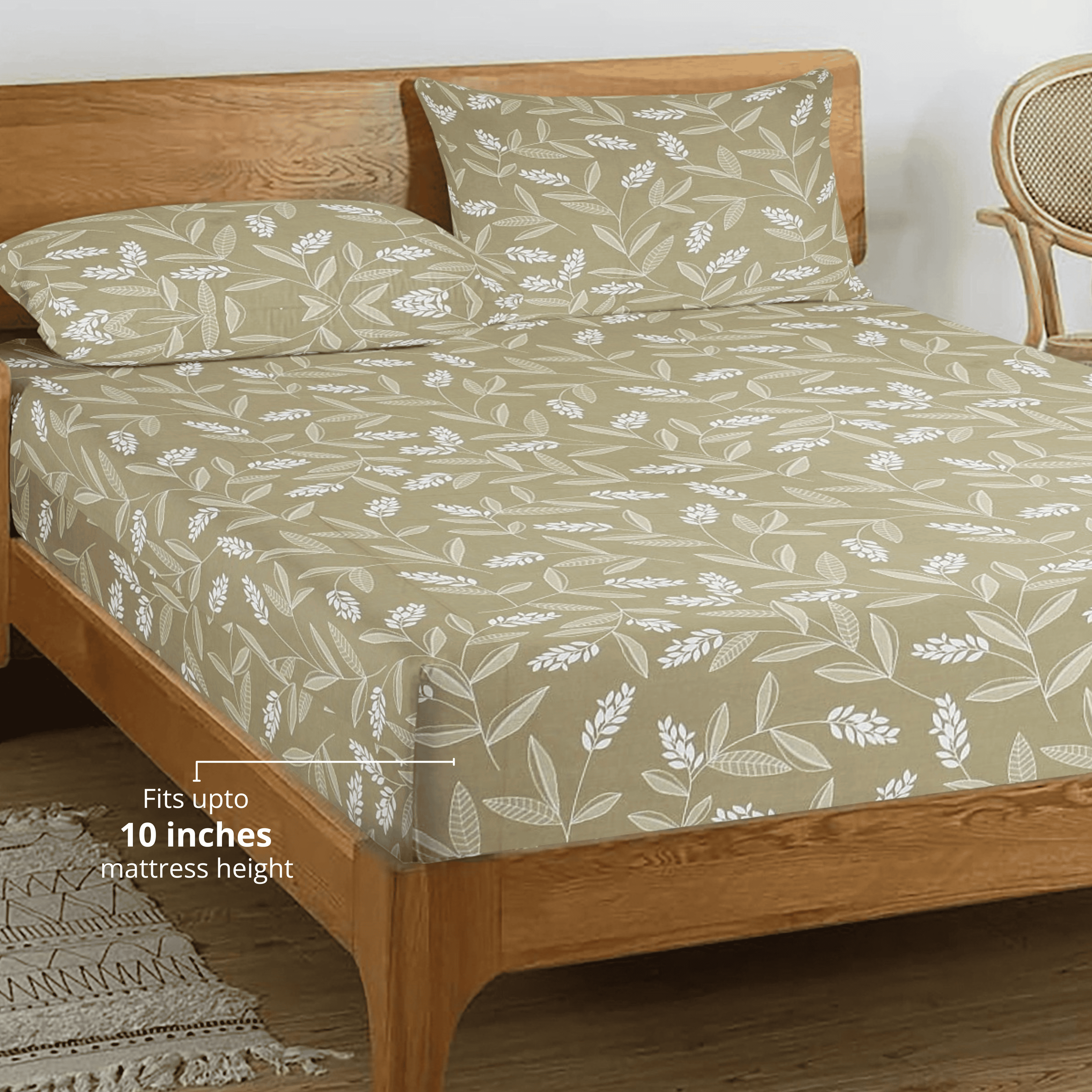 Printed Floral Cotton 250 TC Fitted Bedsheet with Pillow Covers - Brown