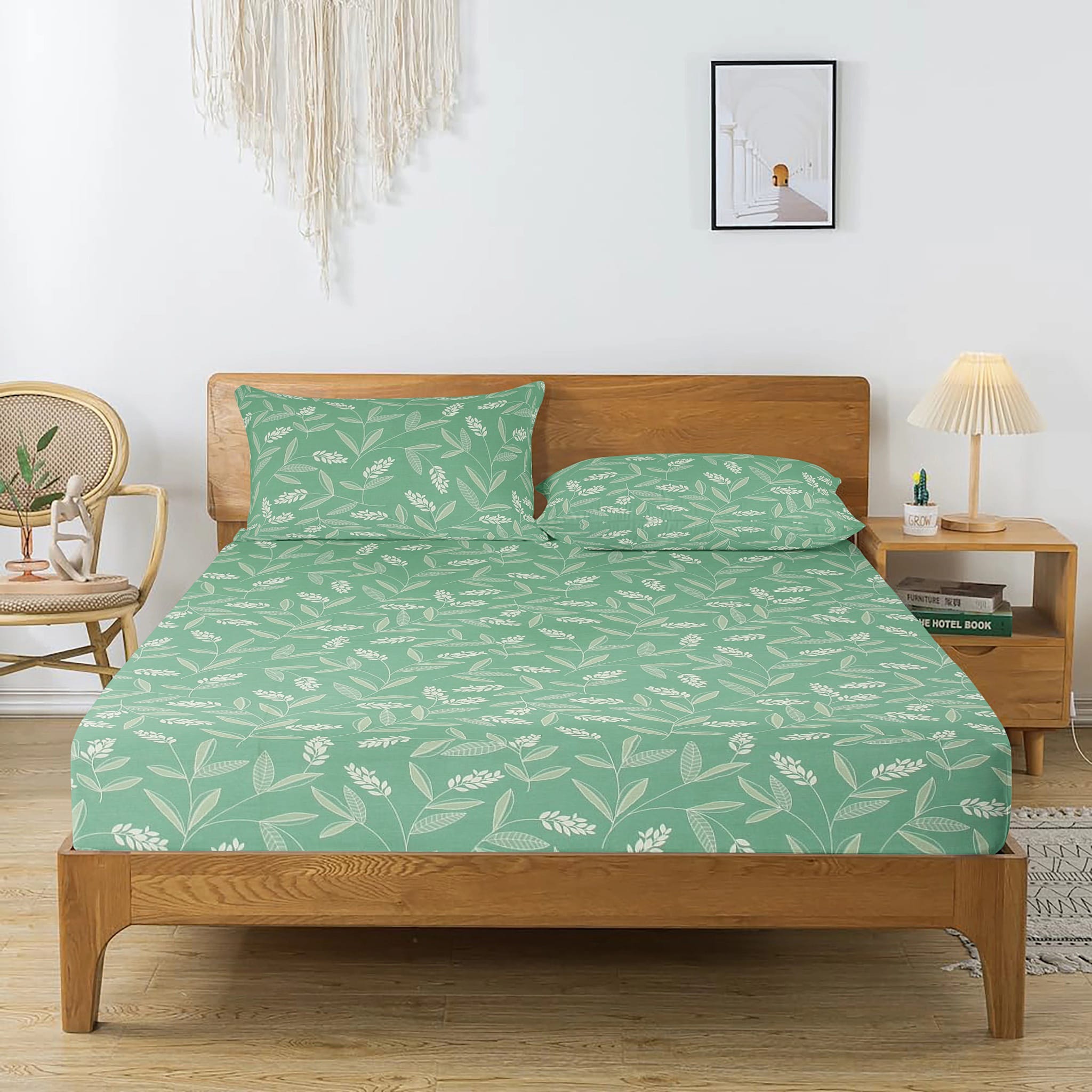Printed Floral Cotton 250 TC Fitted Bedsheet with Pillow Covers - Green