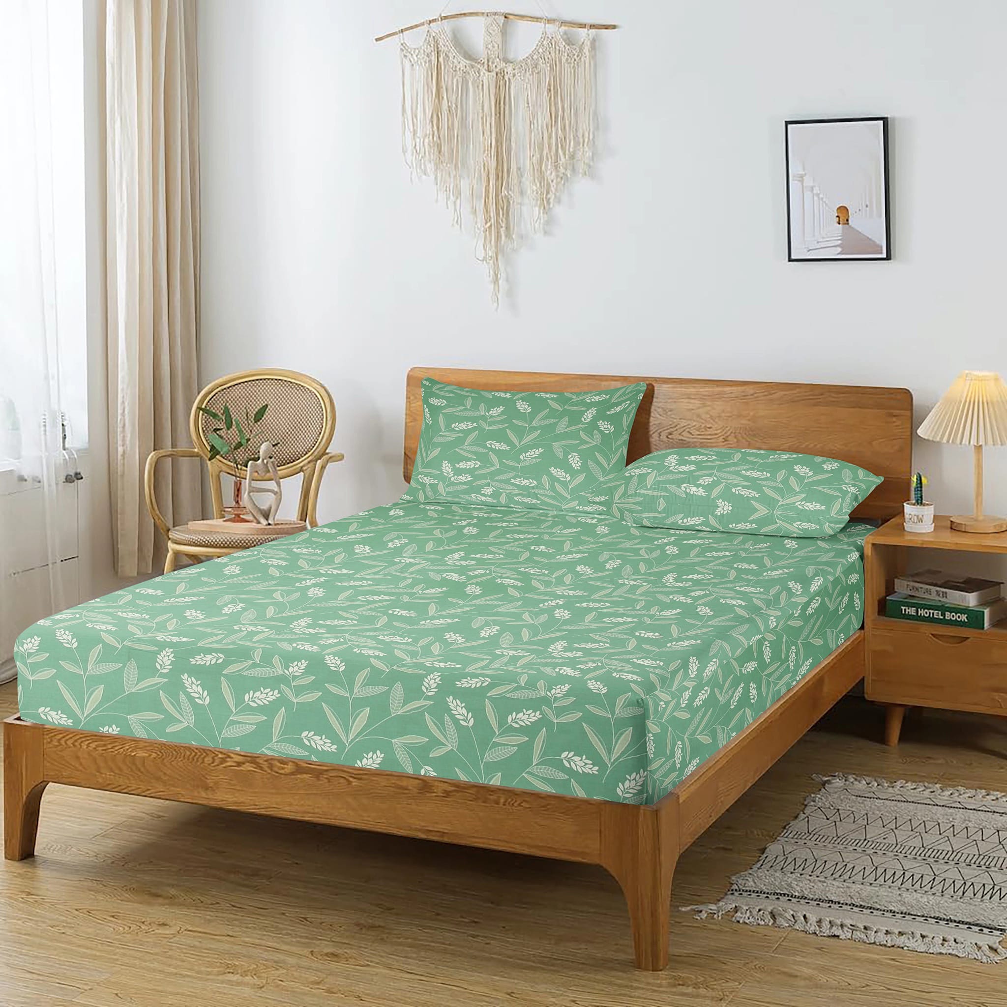 Printed Floral Cotton 250 TC Fitted Bedsheet with Pillow Covers - Green