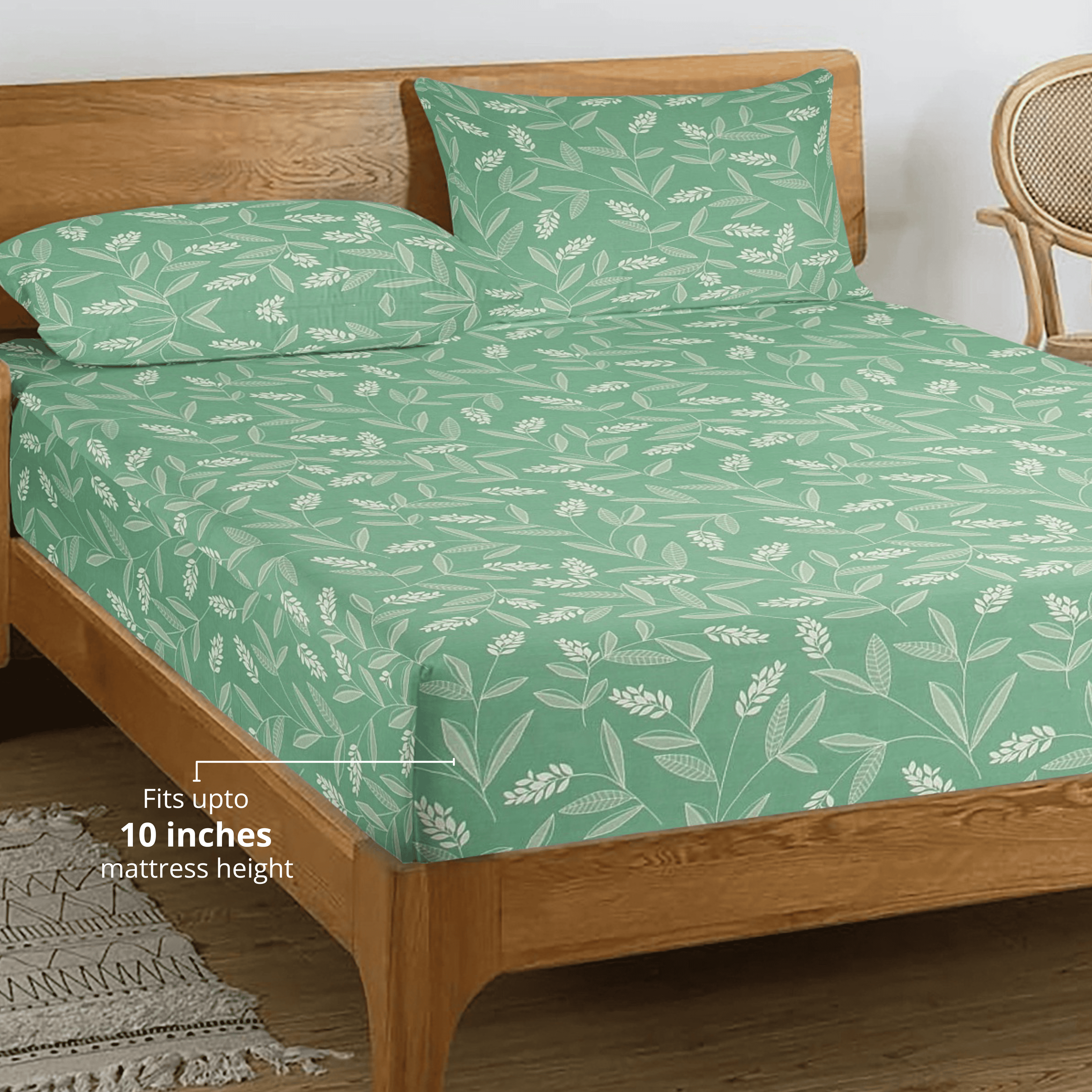 Printed Floral Cotton 250 TC Fitted Bedsheet with Pillow Covers - Green