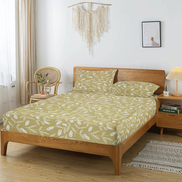 Printed Floral Cotton 250 TC Flat Bedsheet with Pillow Covers - Mustard