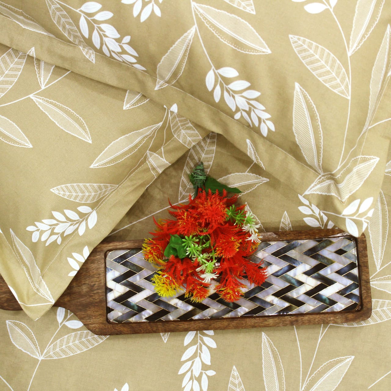 Printed Floral Cotton 250 TC Fitted Bedsheet with Pillow Covers - Mustard