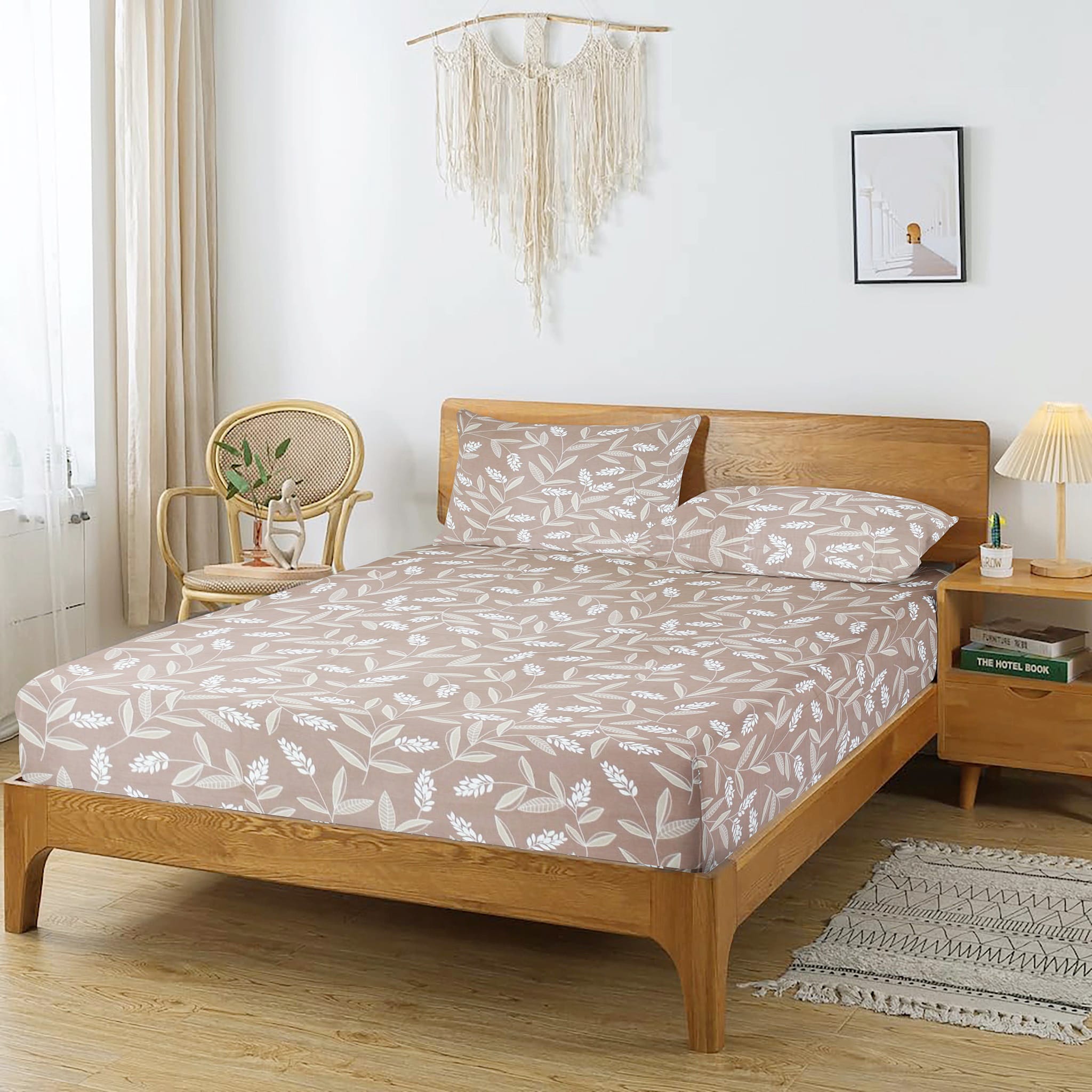 Printed Floral Cotton 250 TC Fitted Bedsheet with Pillow Covers - Purple