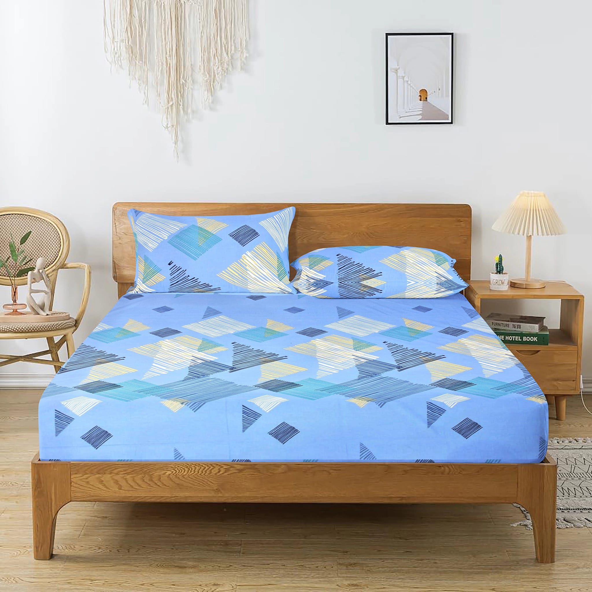 Printed Geometrical Cotton 250 TC Fitted Bedsheet with Pillow Covers - Blue