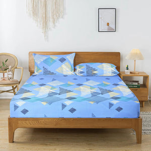 Printed Geometrical Cotton 250 TC Fitted Bedsheet with Pillow Covers - Blue