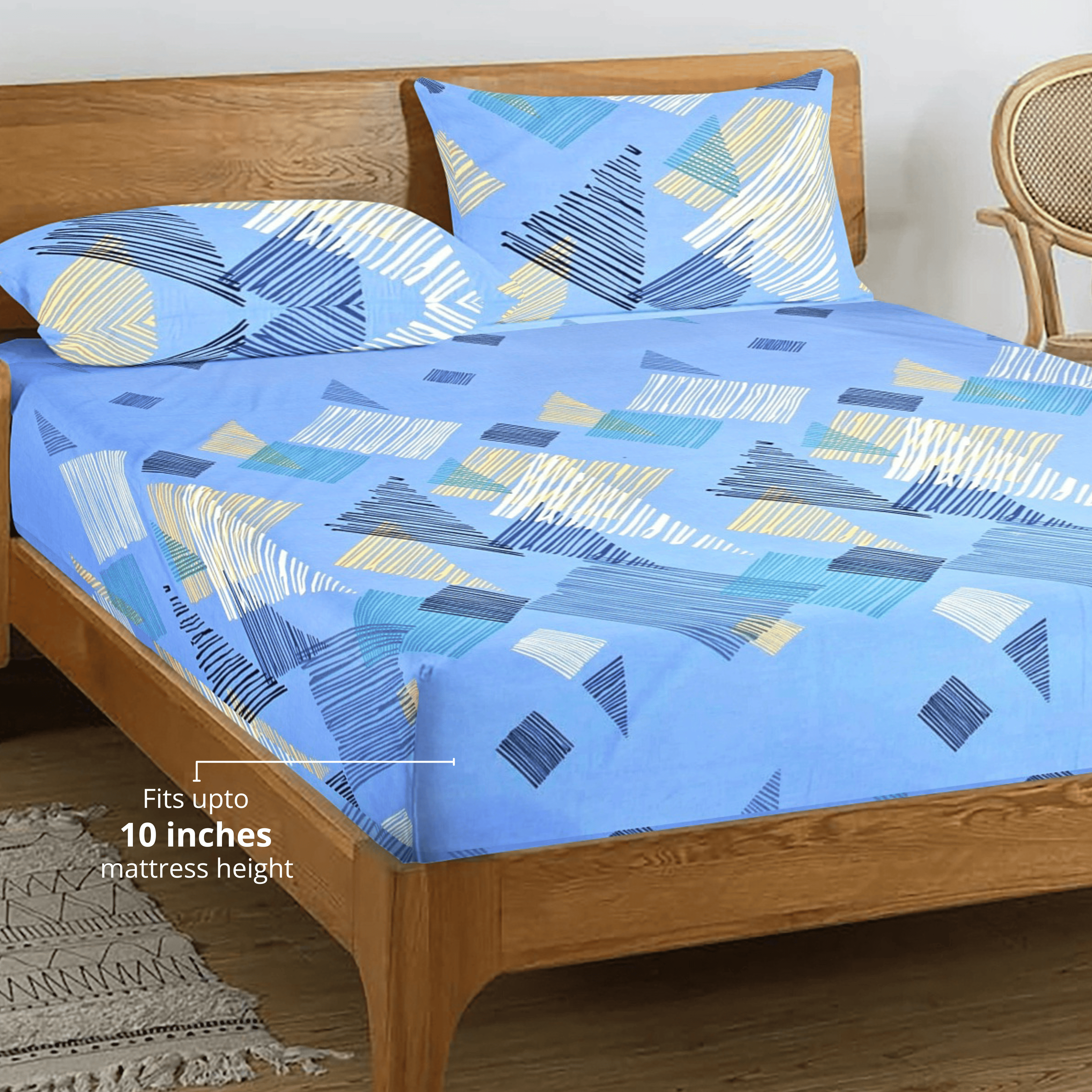 Printed Geometrical Cotton 250 TC Fitted Bedsheet with Pillow Covers - Blue