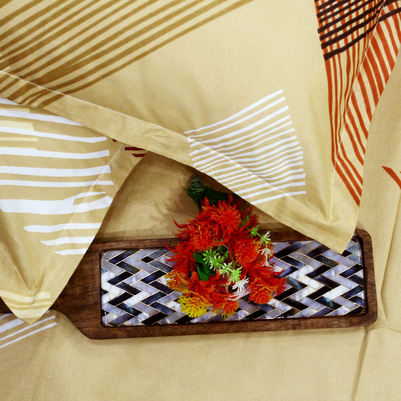 Printed Geometrical Cotton 250 TC Bedsheet with Pillow Covers - Mustard