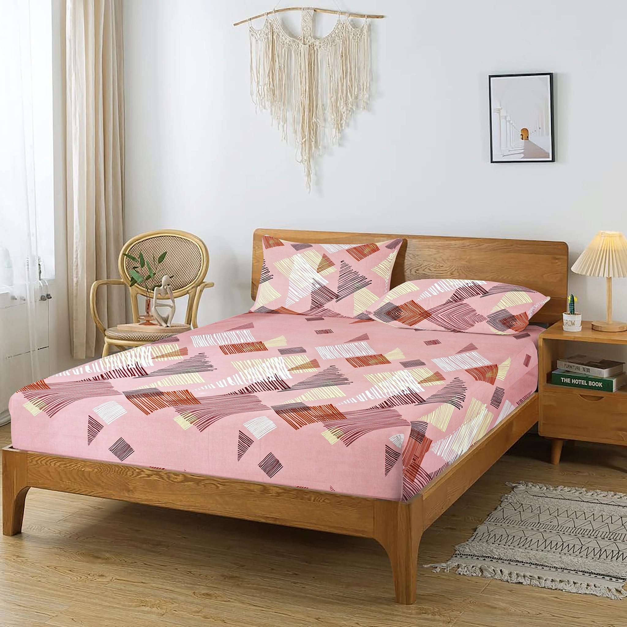 Printed Geometrical Cotton 250 TC Bedsheet with Pillow Covers - Magenta