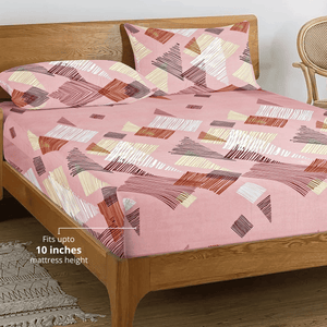 Printed Geometrical Cotton 250 TC Fitted Bedsheet with Pillow Covers - Magenta