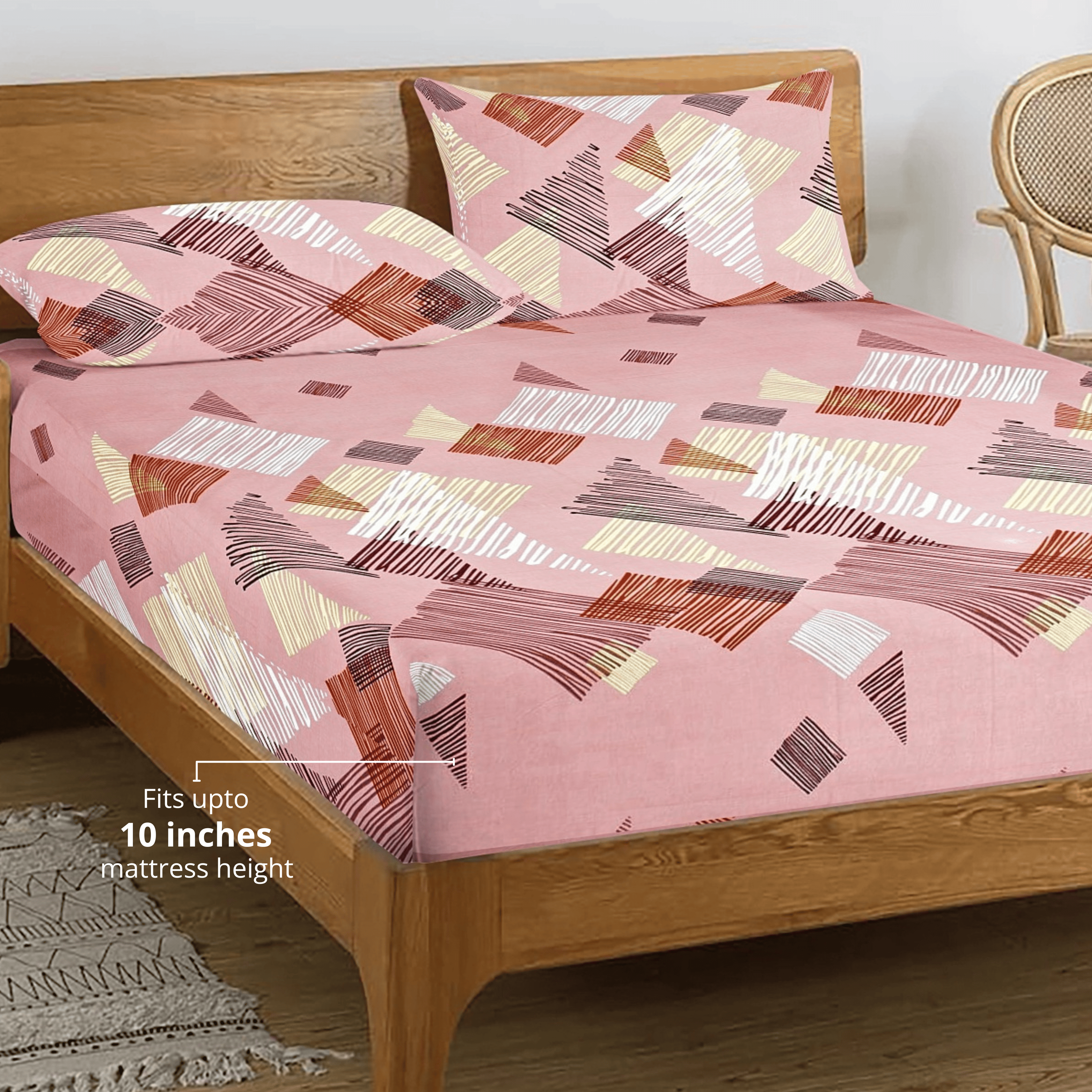 Printed Geometrical Cotton 250 TC Fitted Bedsheet with Pillow Covers - Magenta