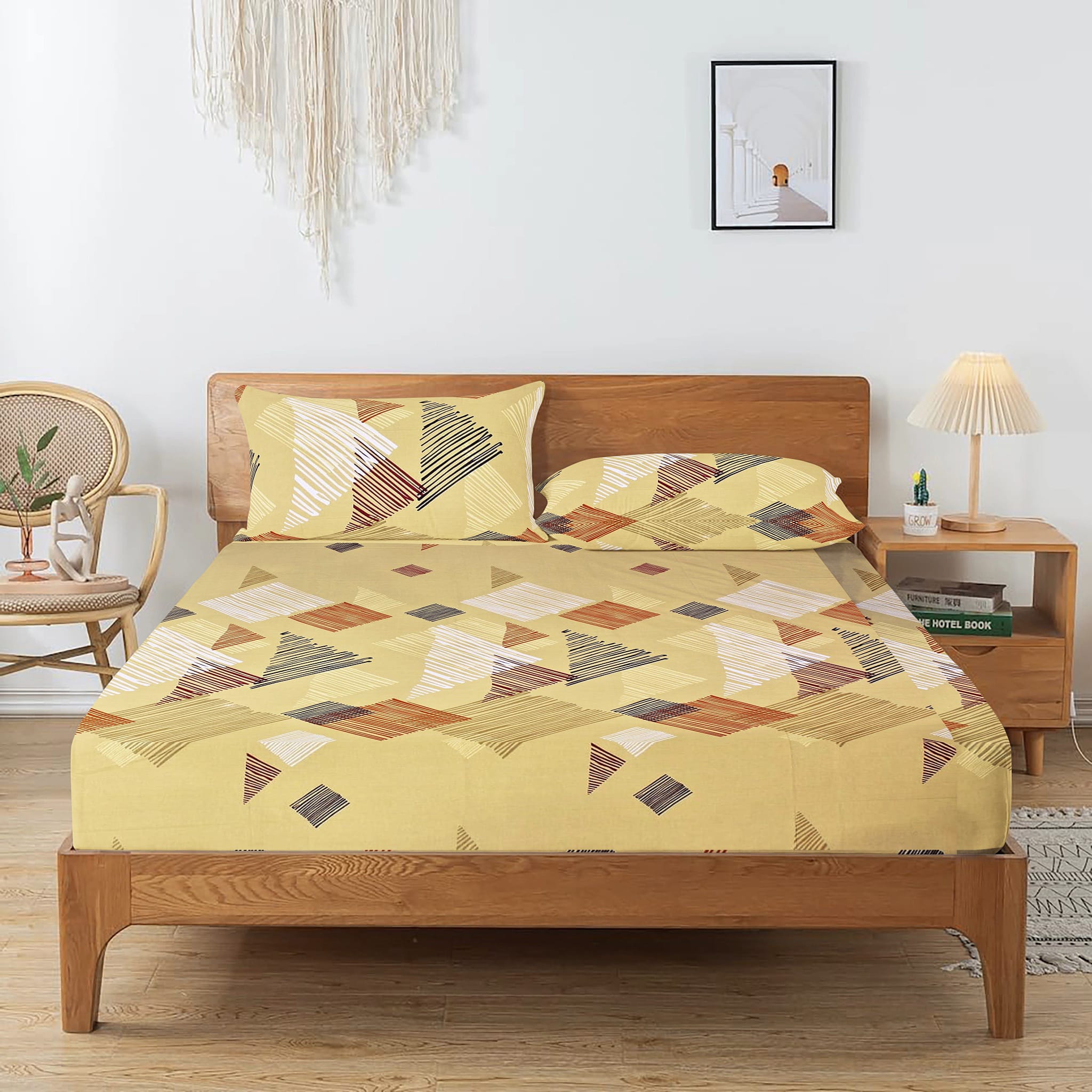 Printed Geometrical Cotton 250 TC Fitted Bedsheet with Pillow Covers - Mustard