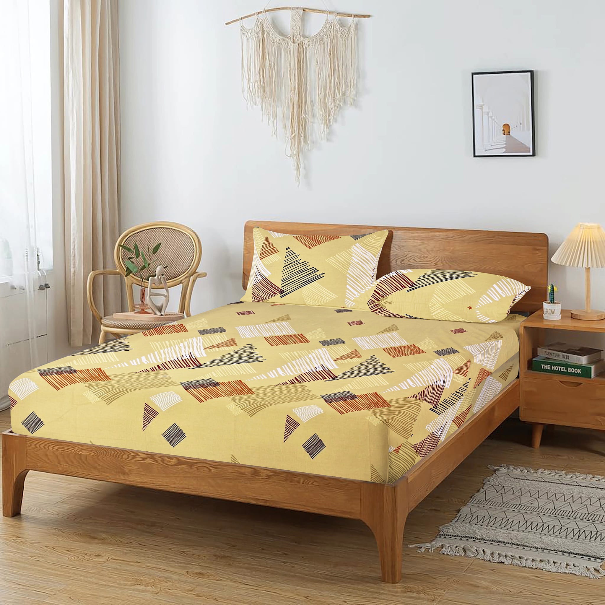 Printed Geometrical Cotton 250 TC Fitted Bedsheet with Pillow Covers - Mustard