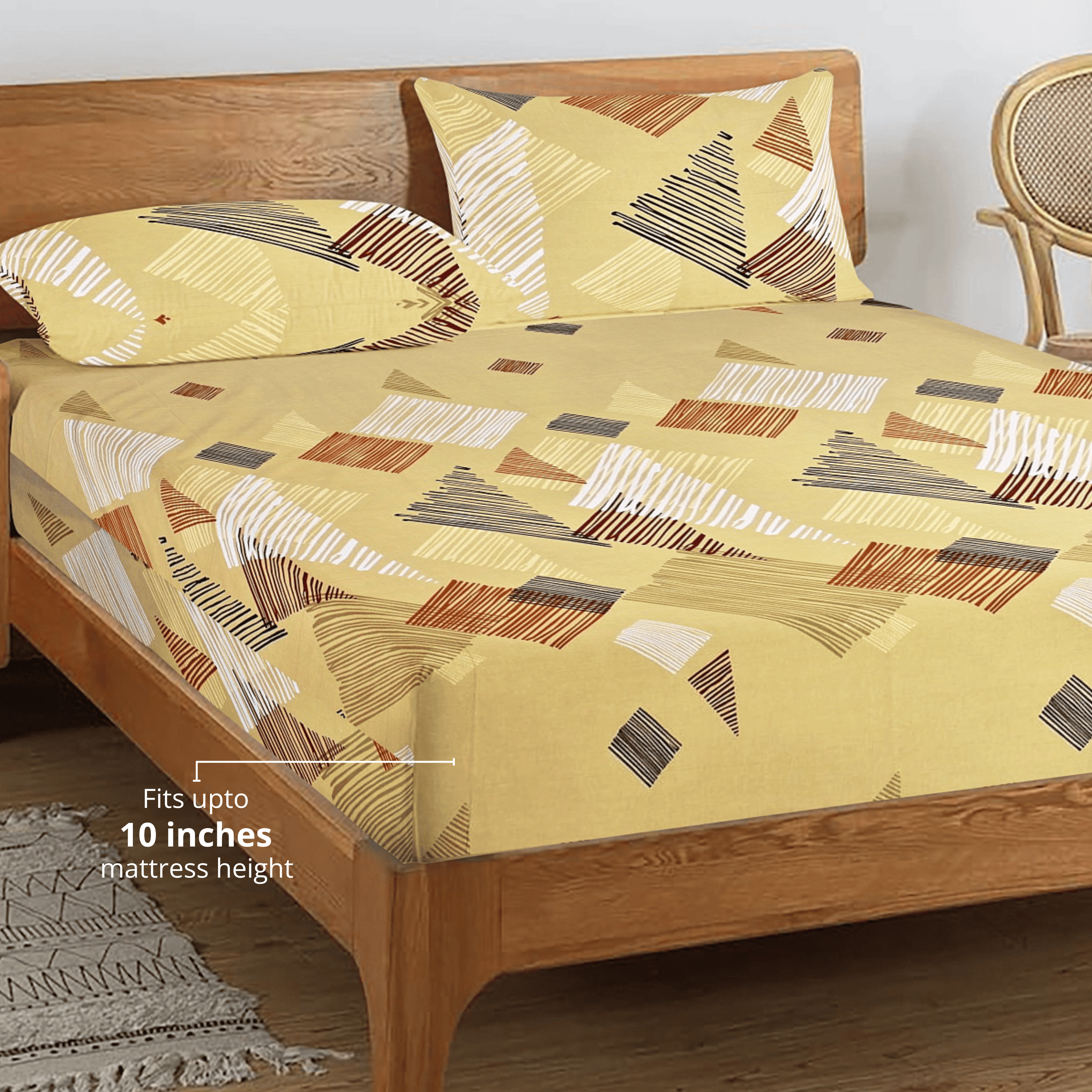 Printed Geometrical Cotton 250 TC Fitted Bedsheet with Pillow Covers - Mustard