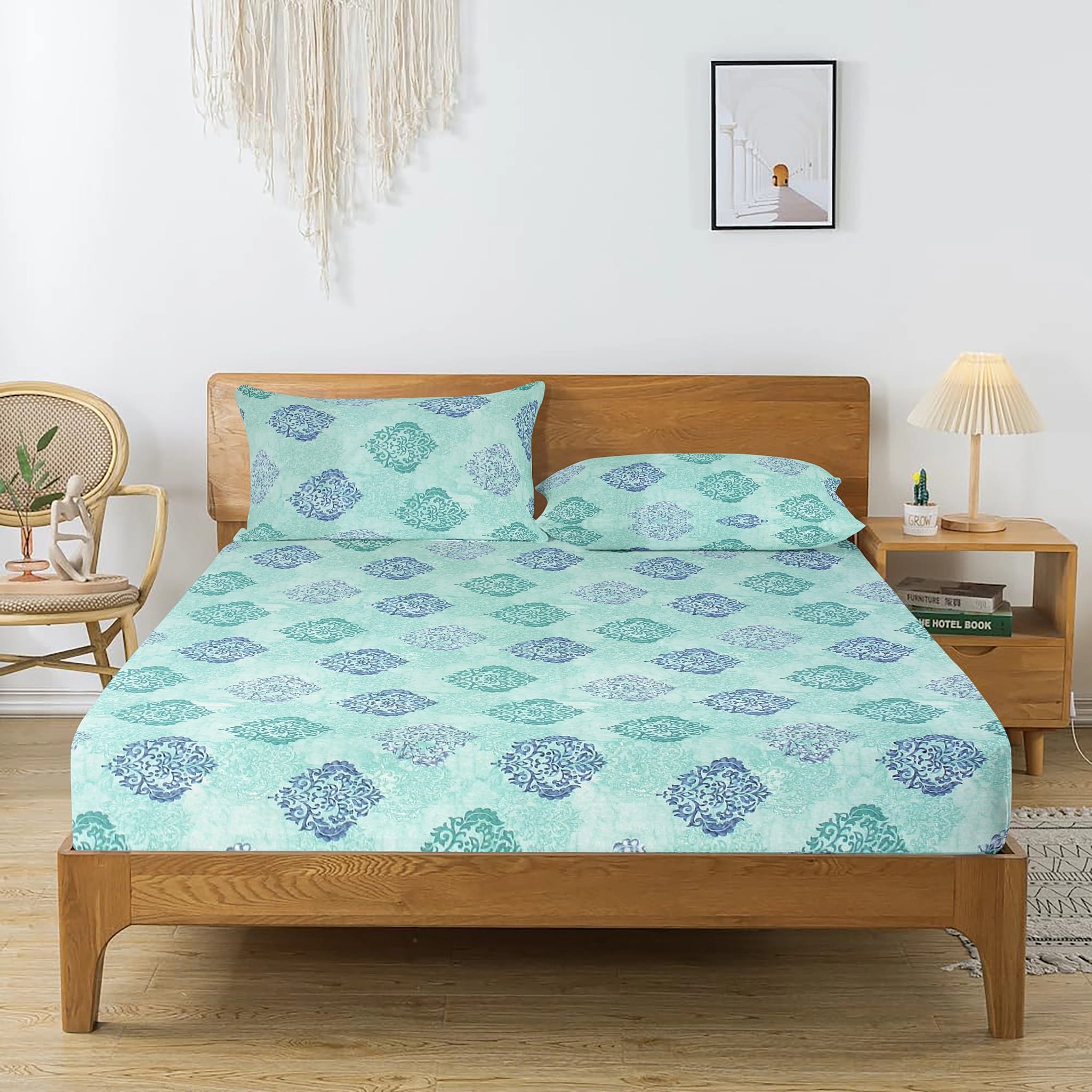 Printed Damask Cotton 250 TC Fitted Bedsheet with Pillow Covers - Aqua
