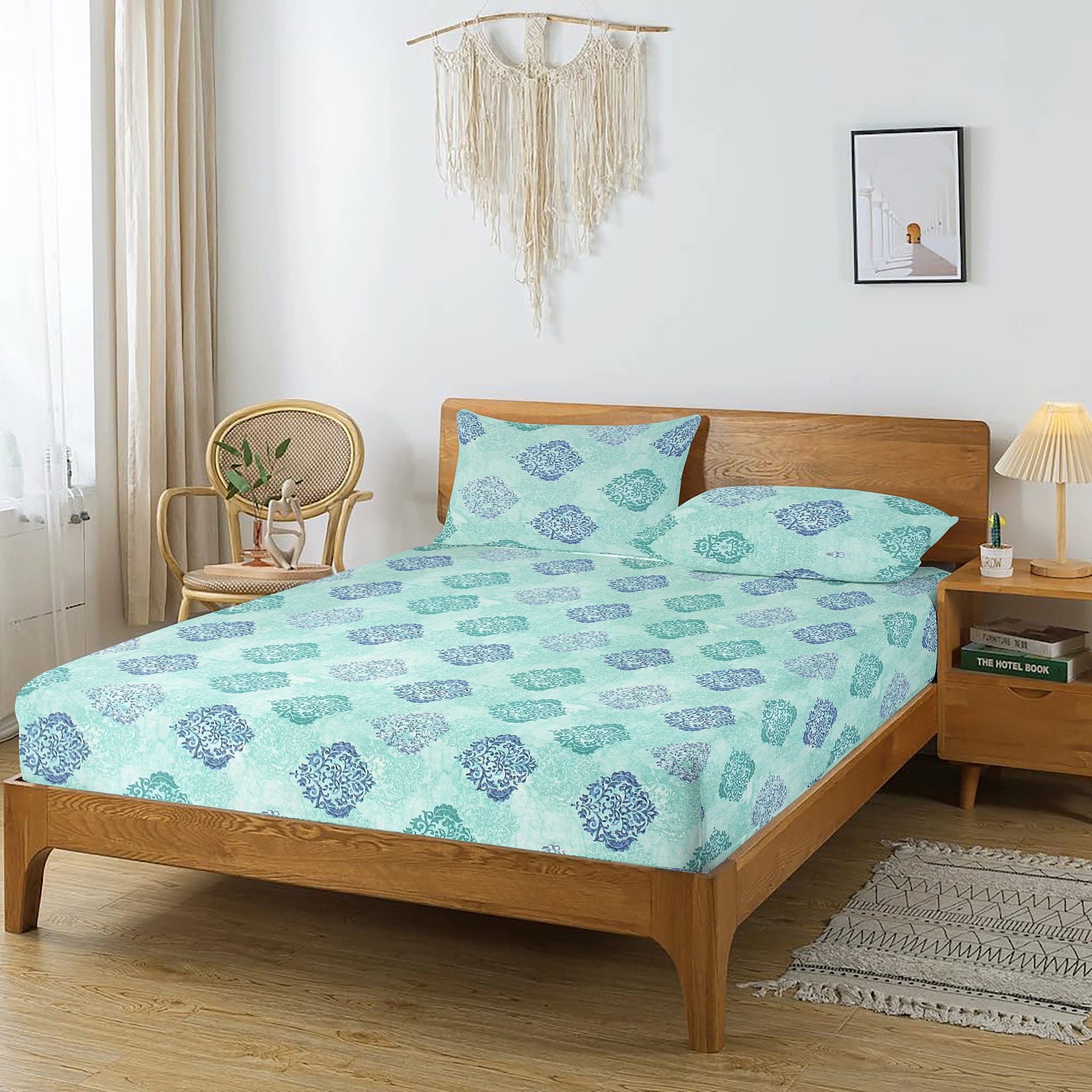 Printed Damask Cotton 250 TC Fitted Bedsheet with Pillow Covers - Aqua
